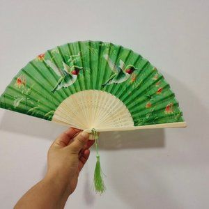Hummingbirds W/ Flowers Birds Silk Nylon Handheld Fan Folding Hand Fan Handmade